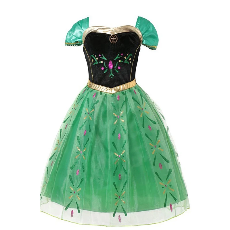 Зеленое платье принцессы Анны для маленьких девочек; вечерние платья Анны с вышитыми открытыми плечами и цветочным рисунком; детская одежда для костюмированной вечеринки; летний нарядный костюм