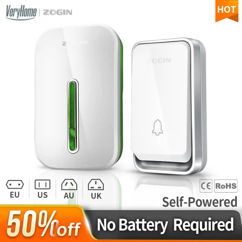 Wireless Doorbell Self Powered Waterproof No Battery EU Plug 1button 1 2 Receiver
