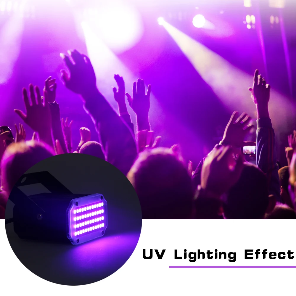 Мини светодиодный светильник для дискотеки 48 светодиодный RGB УФ-белый стробоскопический светильник с музыкальным звуком и активированной вспышкой, сценический светильник, рождественские украшения для дома - Цвет: UV