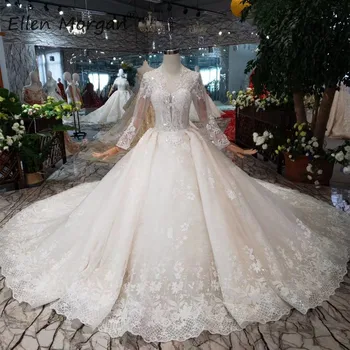

Vintage Long Sleeve Lace Wedding Dresses Elegant Puffy Applique Beads O Neck Chaple Train Formal Bridal Ball Gown For Women 2019