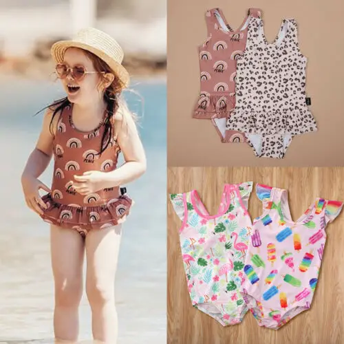2020 Newest Hot Toddler Baby Girls Cute Bow Leopard print Fly Sleeves One-piece Swimsuit Swimwear Swimming Clothes | Детская одежда и