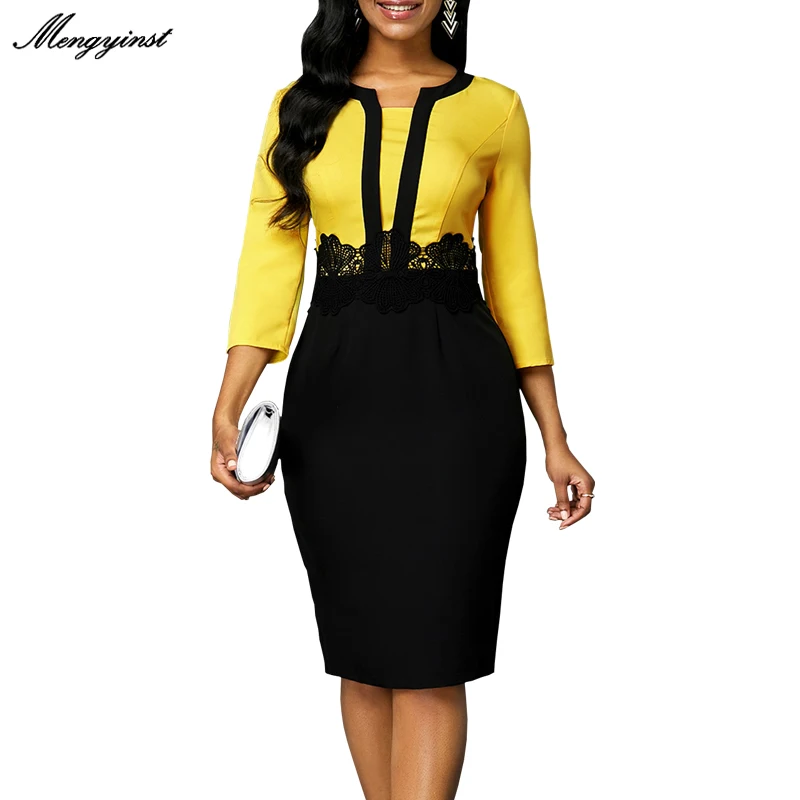 

Autumn Winter Dress Women 2020 Casual Plus Size Slim Office Bodycon Dresses Elegant Sexy Split Patchwork Black Lace Party Dress