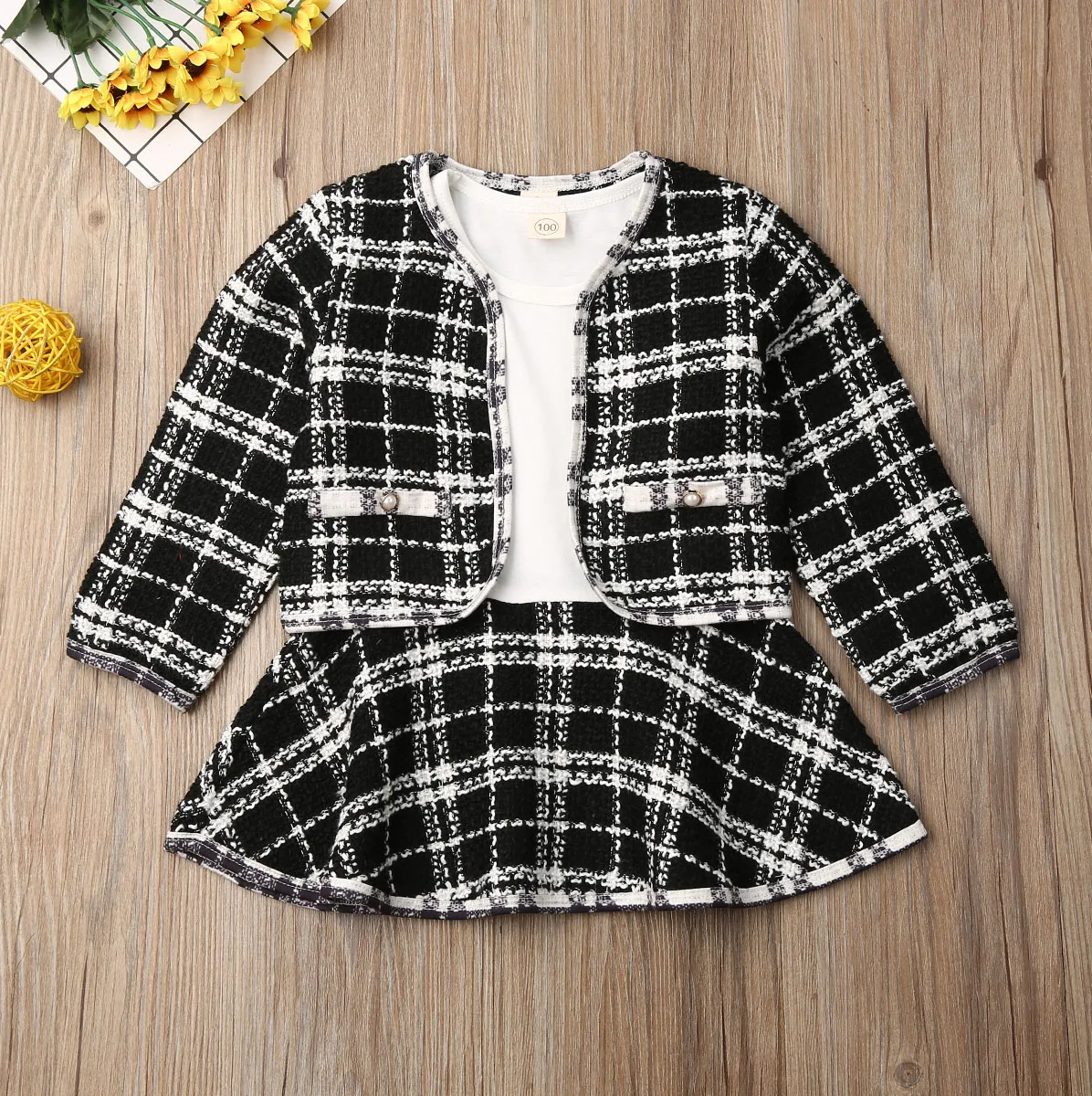 Baby Girls Suits Clothes Sets Spring  Fashion Birthday Long Sleeve Plaid Coat Tops+Dress 2PCS Party Warm Outfit 1-6Y A0014
