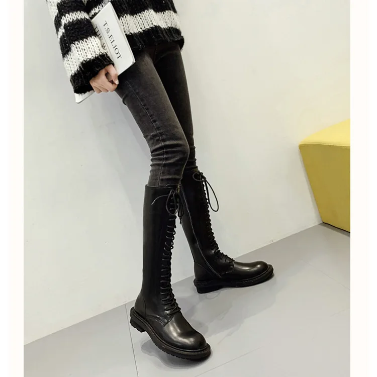 

2019 Autumn And Winter New Style Thick Bottomed Lace-up Anti-slip Biker Boots Casual Versatile without Fleece Lining Boots Boo