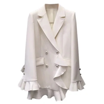 

LANMREM 2020 season straight turn-down collar flare sleeves double breasted ruffles patchwork quality blazer 2A03912L