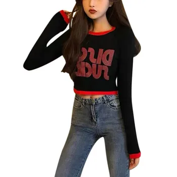 

Women Autumn Winter Jumper Letter Print Slim Long-Sleeved Crewneck Cropped Slim Bottom Knit Sweaters Yellow Pull Femme