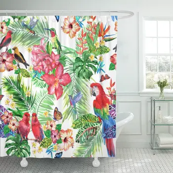 

Tropical Pattern White Watercolor Painting Exotic Plants and Flowers Shower Curtain Waterproof Polyester Fabric 72 x 72 Inches