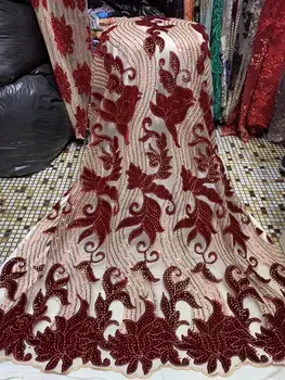

New African Lace Fabric with stone an sequins design tulle velvet embroidery velvet Fabric Used for Africa women Party dress