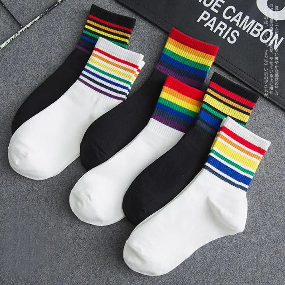 

2020 Autumn Winter Women Socks Hip Hop Striped Rainbow Middle Harajuku Streetwear Cotton Funny Men Socks Gift For Christmas