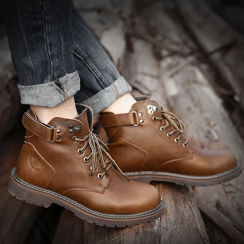 

Winter Classic Genuine Leather Boots Men High Top Plush Lined Work Boots Breathable Anti-slip Thick Bottom Casual Shoes Male