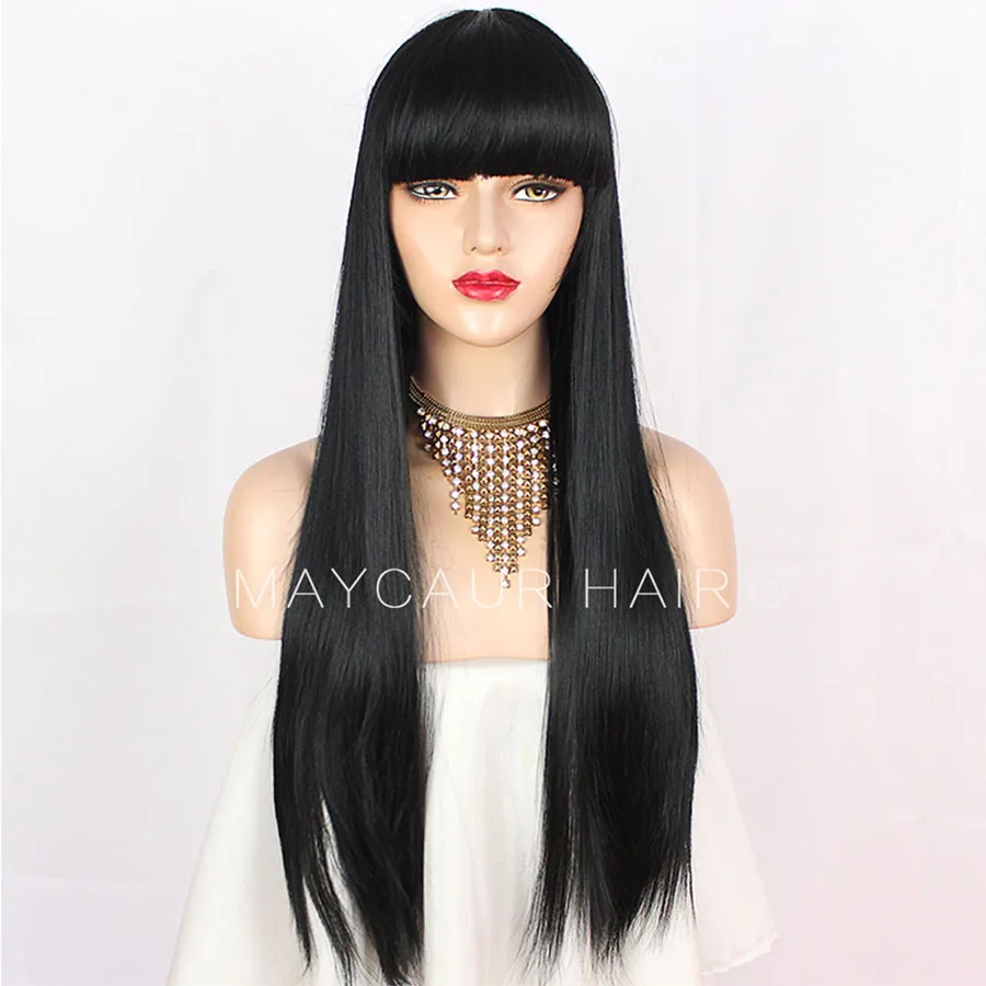 Long Straight None Lace Front Wig for Women Synthetic Black Hair Wigs with Full Bangs Glueless Heat Resistant Fiber Hair-Maycaur (2)