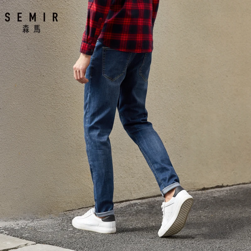 Deals Semir Denim trousers men new slim feet trousers men cotton Korean letter embroidery pants students man pants tide