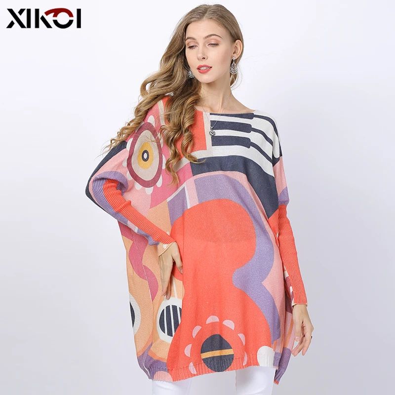 Batwing Sleeve Loose Women Sweater and Pullovers Knitted Oversized Dress Patchwork Print O-neck Wool Jumper Pull Femme | Женская одежда