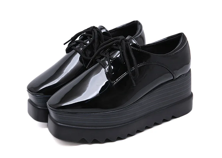 Square Toe leopard female single shoes woman wedges platform brogues creepers japanned leather lace up height increasing flats