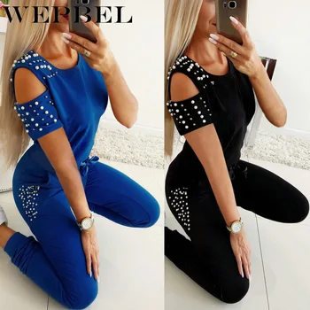 

WEPBEL Women Clothes Set Suit Clothing Suit Fashion Casual New Slim Hollow Nail Rivets Bead Casual