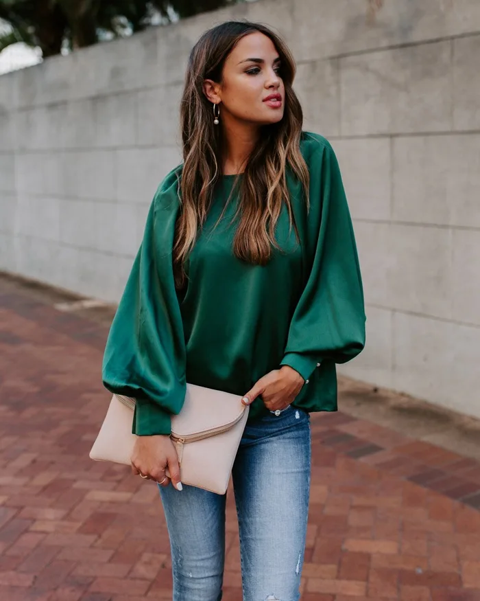 Зеленые атласные женские блузки и топы с длинным рукавом, винтажные блузки, рубашки на осень и зиму, элегантные офисные топы размера плюс