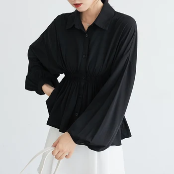 

Summer Women Blouses And Tops Casual Loose Turn-Down Collar Office Lady Shirts Long Sleeve Elegant Work Wear Women Peplum Blouse