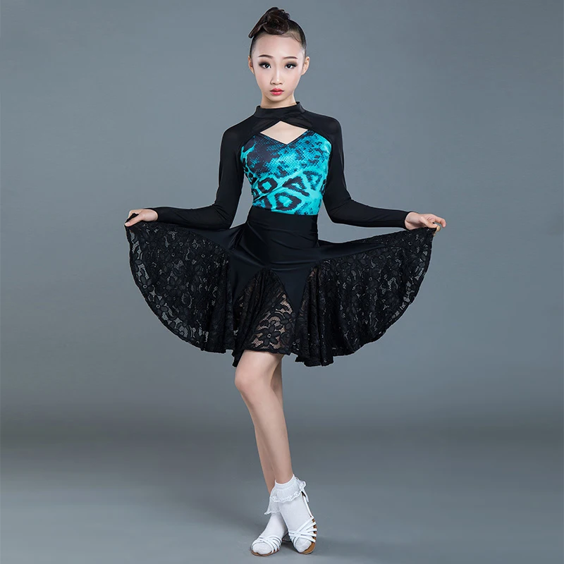 New Latin Dance Dress For Girls Children Practice Performance Costumes Long Sleeves Sexy Lace Skirt SL2336 | Тематическая одежда и