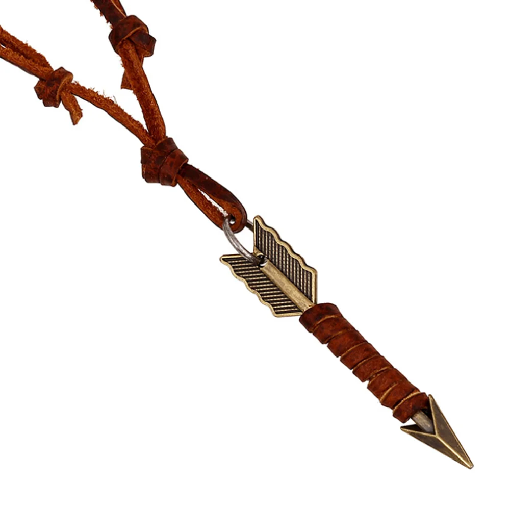 

New Personality Necklace One Arrow Through Heart Retro First Layer Cowhide Necklace Men's Leather Necklace