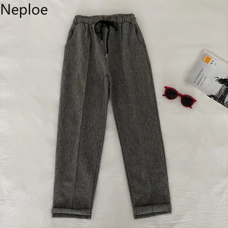 Neploe, корейские, Осенние, зимние, тонкие, среднего возраста, для женщин, теплые, вельветовые, с эластичной талией, повседневные, прямые брюки, женские брюки, одежда 47969