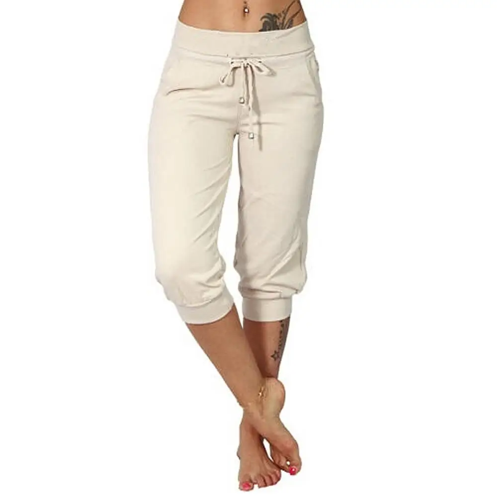 Plus Size Women Casual Capris Yoga Pants Solid Color Low Rise Drawstring Pockets Sports Fitness Gym Shorts Pants sports shorts sports leggings sports pants yoga pants