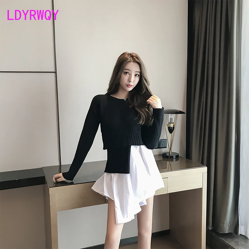 

2019 spring and autumn new irregular stitching fake two loose mid-length long knit dress