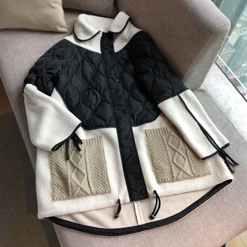 

Women Winter 2019 New Down-filled Coat Women's Long Zipper Color Matching Lamb Wool Coats Splicing Knitted Pocket Women's Parkas