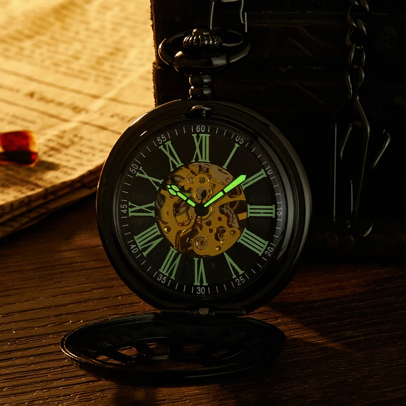 Luminous Mechanical Pocket Watch Hollow Black Dial Hand-Winding Men Pendant Collection Fob Chain Watch Skeleton Steampunk Clock