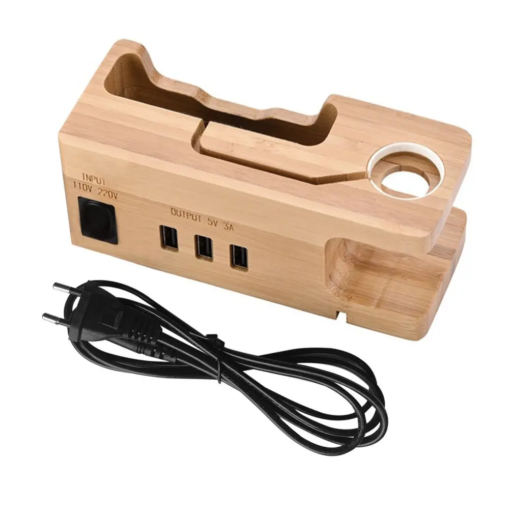 

Bamboo Wood 3-port USB Charging Dock Station Holder for iPhone for Apple Watch Universal Desktop Charging Cradle Bracket Stand