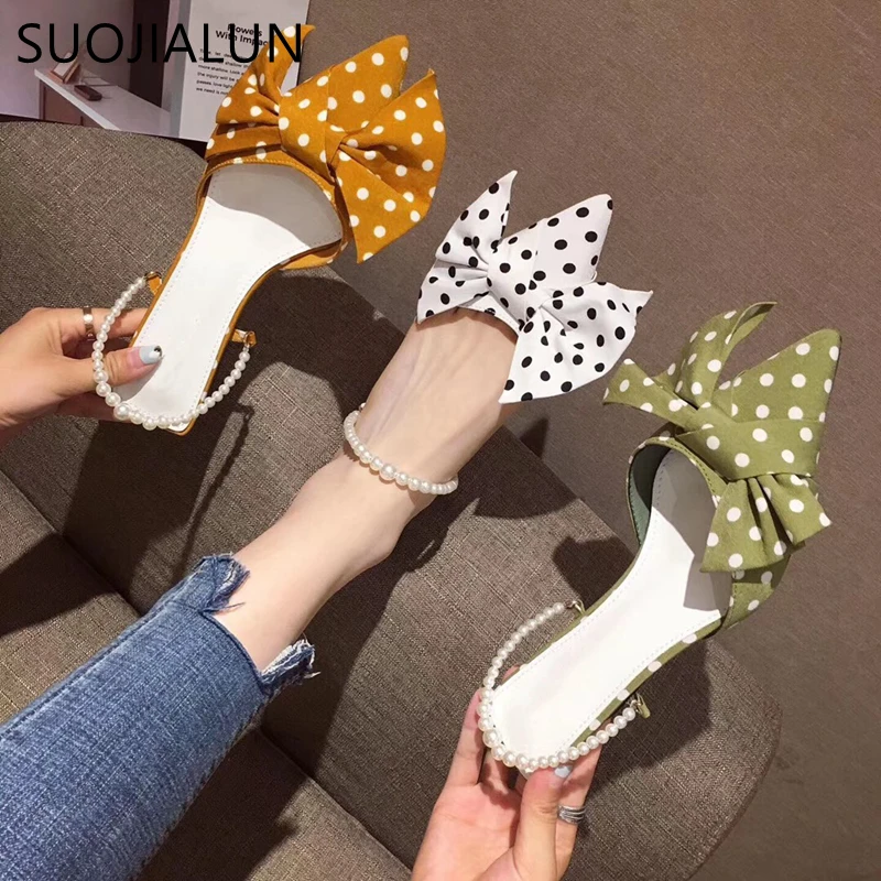 

SUOJIALUN 2019 Autumn Women Mules Slipper Korean Canvas Pointed Bow Tie Low Heel Slippers Slip On Slides Designer Slippers