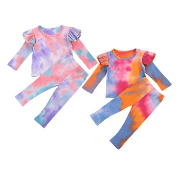 

Autumn Newborn Baby Girls Tie-dye Print Outfits Long Sleeve Knitted Ruffle Tops+Pants Infant 2Pcs Clothes Set Suit Sleepwear