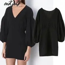 В английском стиле; элегантные винтажный буф рукава черное праздничное платье женское платье vestidos de fiesta de noche мини-платье vestidos пиджаки Топ