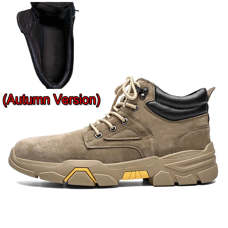 VRYHEID/зимние мужские ботинки; мужские водонепроницаемые ботильоны; Осенняя мужская модная повседневная обувь; теплые зимние ботинки на шнуровке; большие размеры 39-48 - Цвет: Khaki No Fluff