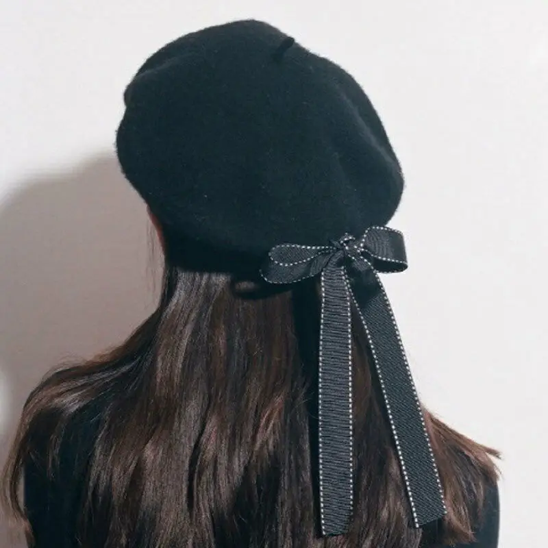 

Women Fall Winter Hat Beret Female Wool Cotton Blend Cap New Fashion Woman Hats Caps Black Basque With Bowknot