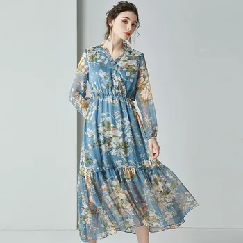 

Midi Dress Women 2020 Spring Summer Ruffles V Neck Long sleeve Fashion Printed Elastic High Waist Beach Dress Female S-XL