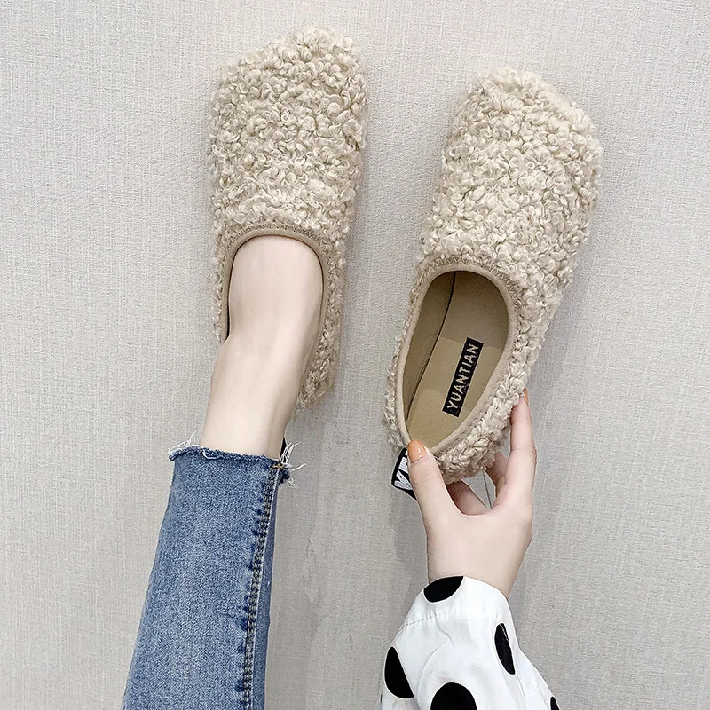 

2019 Fashion Women's Square Toe Autumn All-Match Female Shoe Grandma Shoes Loafers Fur Slip-on Shallow Mouth Casual Sneaker
