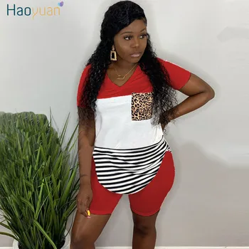 

HAOYUAN Casual Two Piece Set Women Tracksuit Summer Clother Top and Biker Shorts Sweat Suits Lounge Wear Outfits Matching Sets