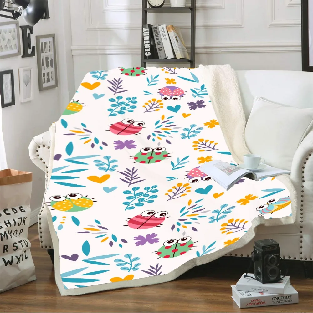 Cartoon Insect Floral Plants Blanket for Kid Butterfly Animals Sherpa Fleece Blanket Sofa Warm Thick Blanket Winter Home Blanket