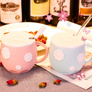 

Japanese Cute Flower Belly Ceramic Cup with Straw Creative INS Coffee Mugs with Lid Spoon Household Office Milk Juice Cups Gifts