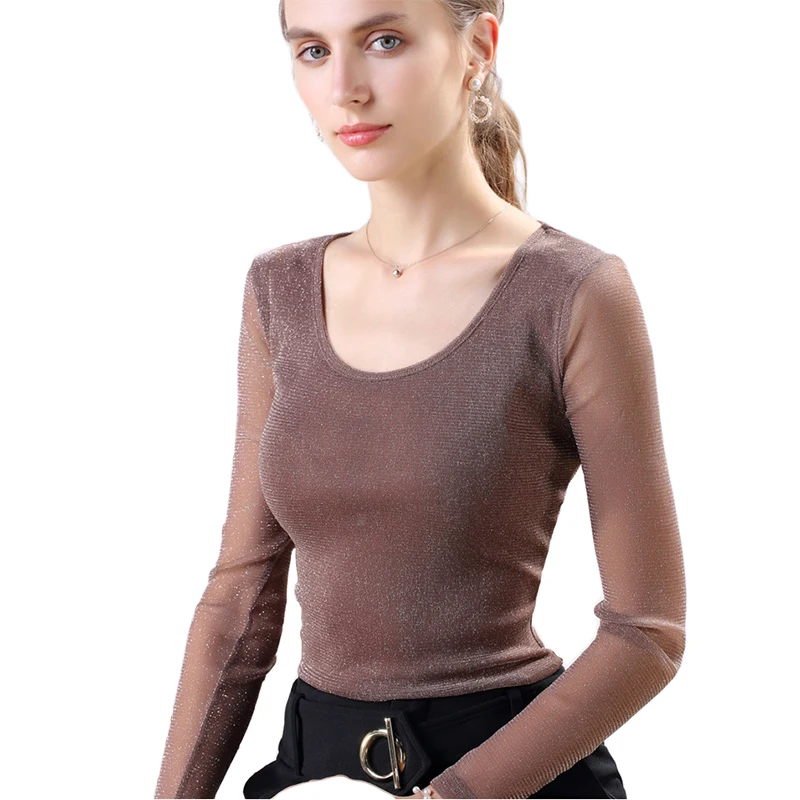 Women's Fashion T-Shirt Long Sleeve shirts top New Solid Color Mesh Bottoming Shirt Leisure O-Neck Slim T-Shirts | Женская одежда