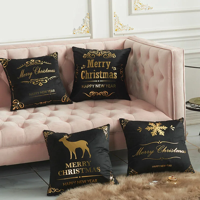 

Pillow case 45*45CM Christmas Series Black Hot Gold Snowflake Elk Plush Pillowcase Home Hotel Christmas Decoration Pillowcase