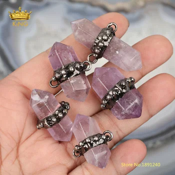

5pcs Faceted Hexagon Point Amethysts Connectors Findings,Natural Purple Quartz Double Stick Beads Links Healing Crystal Necklace