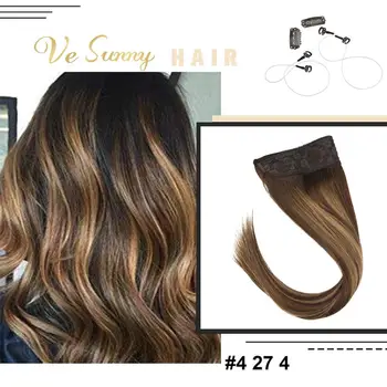 

VeSunny Invisible Halo Hair Extensions 100% Real Human Hair Wire with Clips Balayage Highlights Brown mix Caramel Blonde #4/27/4