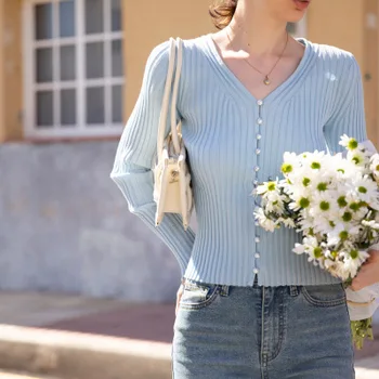 

Women Knitted Tops New 2020 Spring Button Up Single Breasted Short Candigan Mujer Ladies Sexy V-neck Slim White Crop Sweaters