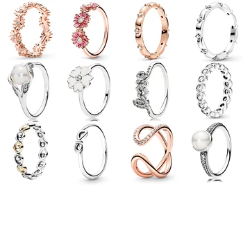 

NEW 2020 100% 925 Sterling Silver Spring Rose Gold Sparkling Daisy Flower Crown Ring Fit DIY Women Original Fashion Jewelry Gift