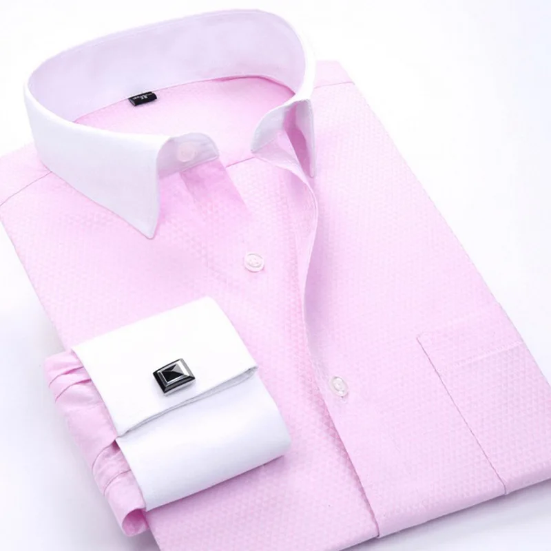 Мужская одежда с французскими манжетами, рубашка с длинным рукавом высокого качества, Мужская Повседневная рубашка с запонками для свадебной вечеринки размера плюс 5XL 6XL - Color: Pink