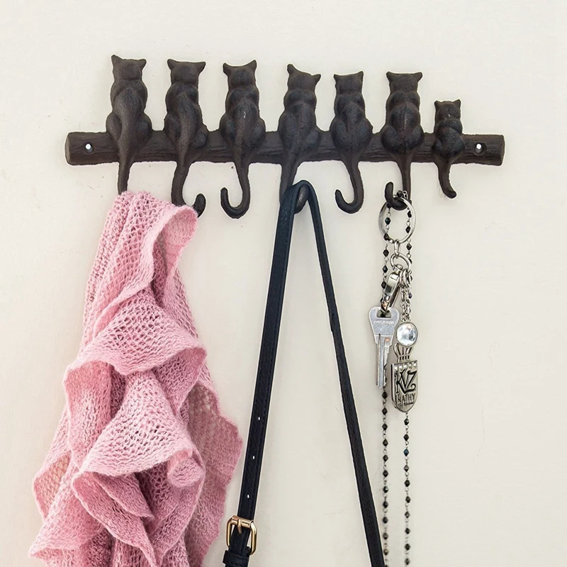 

7 Cats Cast Iron Wall Hanger - Decorative Cast Iron Wall Hook Rack - Vintage Design Hanger with 4 Hooks - Wall Mounted