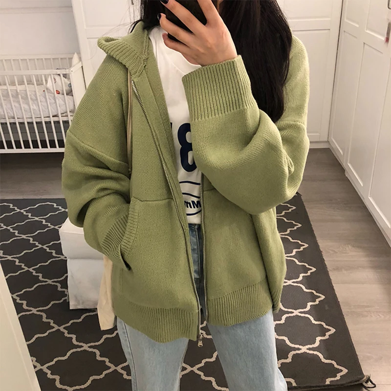 Grass green Женский кардиган, свитер с капюшоном, зимний джемпер, однотонный, корейский, винтажный свитер, верхняя одежда, негабаритный кардиган, Harajuku, куртка на молнии, V807 - Цвет: Grass green