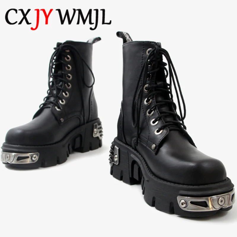 

Autumn Motorcycle Boots Women Platform Ankle Boot Fashion Metal Decor Thick Bottom Shoes Winter Punk Style PU Leather Shoe Woman