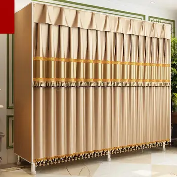 

Simple cloth wardrobe bold thickening reinforced all steel frame Oxford cloth curtain cloth double hanging wardrobe storage
